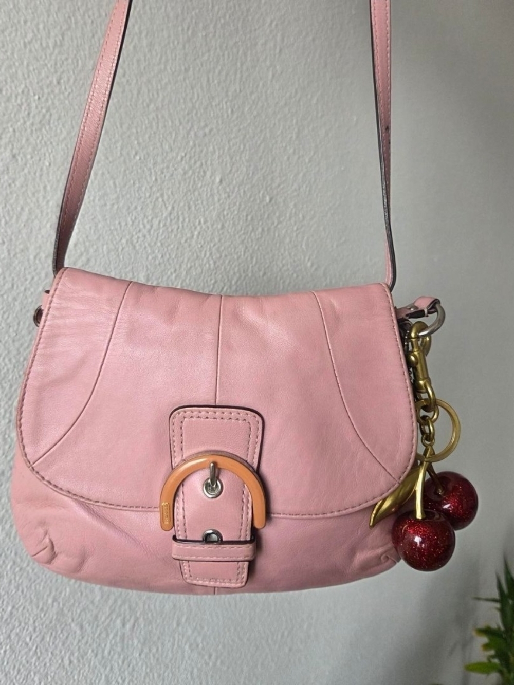 Pink Leather Shoulder Bag with Cherry Charm